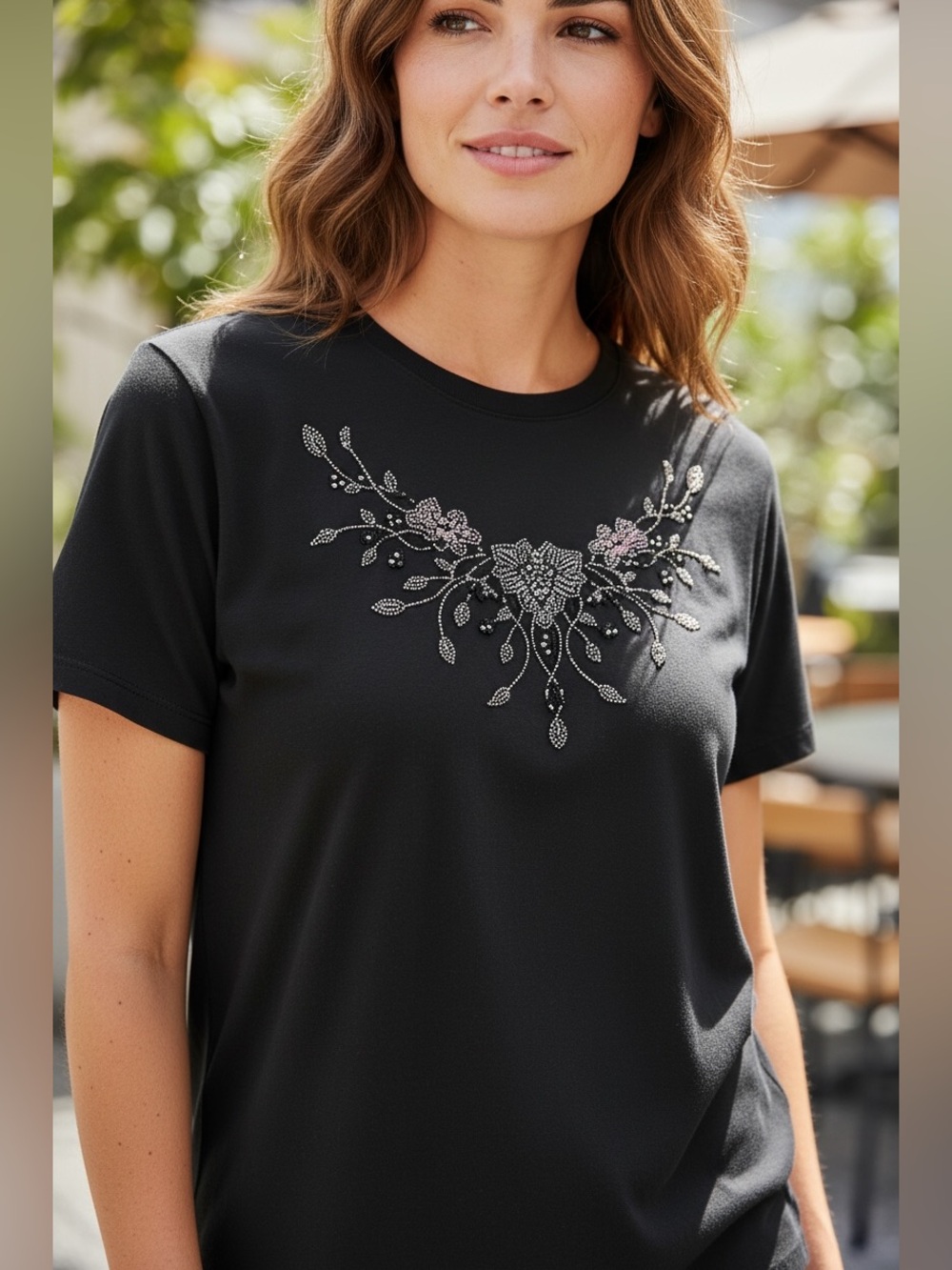 Short Sleeve Embellished Floral Tee - Black